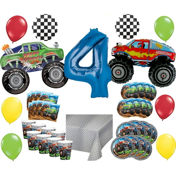 Monster Truck Rally 4th Birthday Party Supplies 8 Guest Decoration Kit with Green and Red Monster Truck Balloon Bouquet