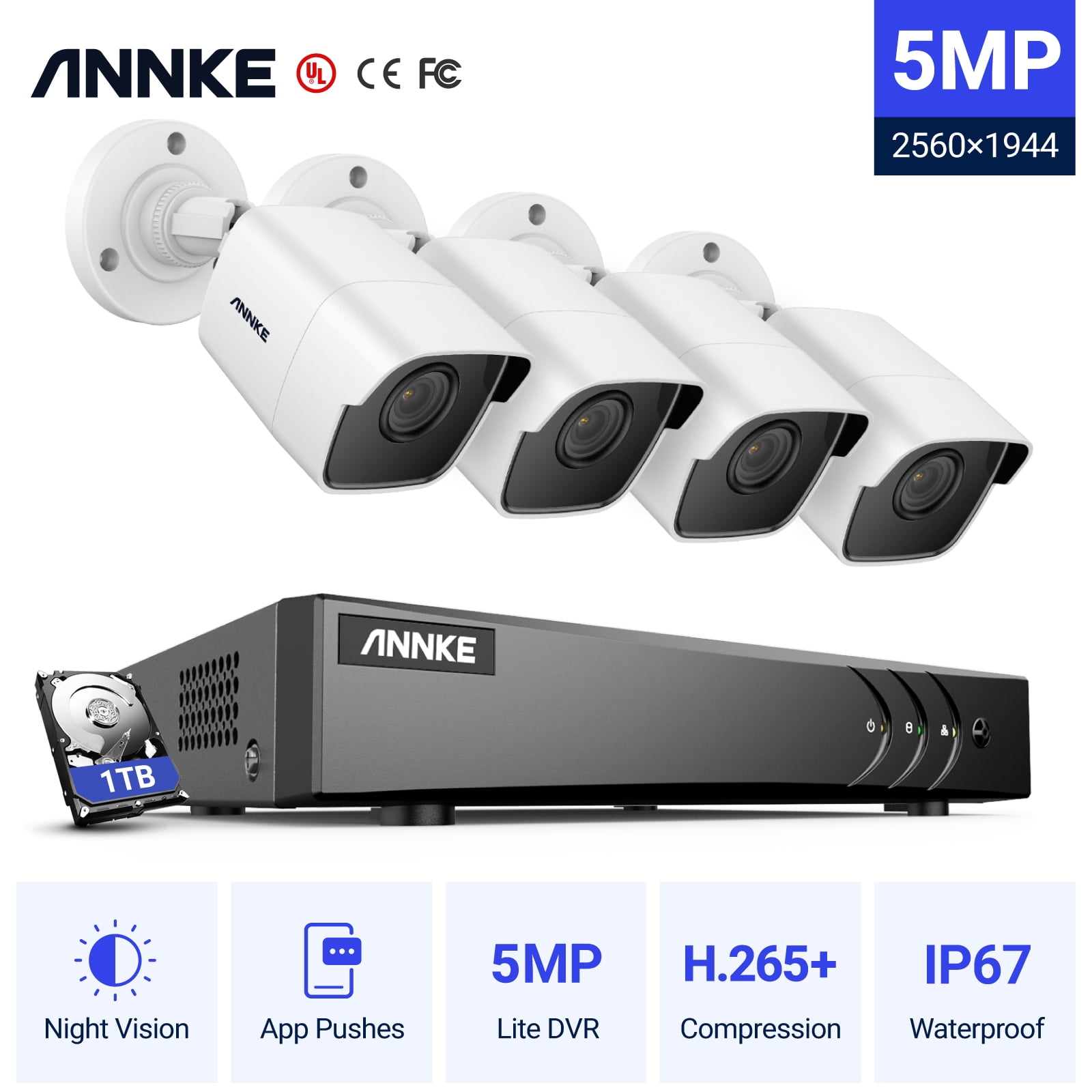 ANNKE ANNKE 8CH H.265+DVR Home Surveillance 5MP PIR CCTV Camera System IP67 Night 1TB 