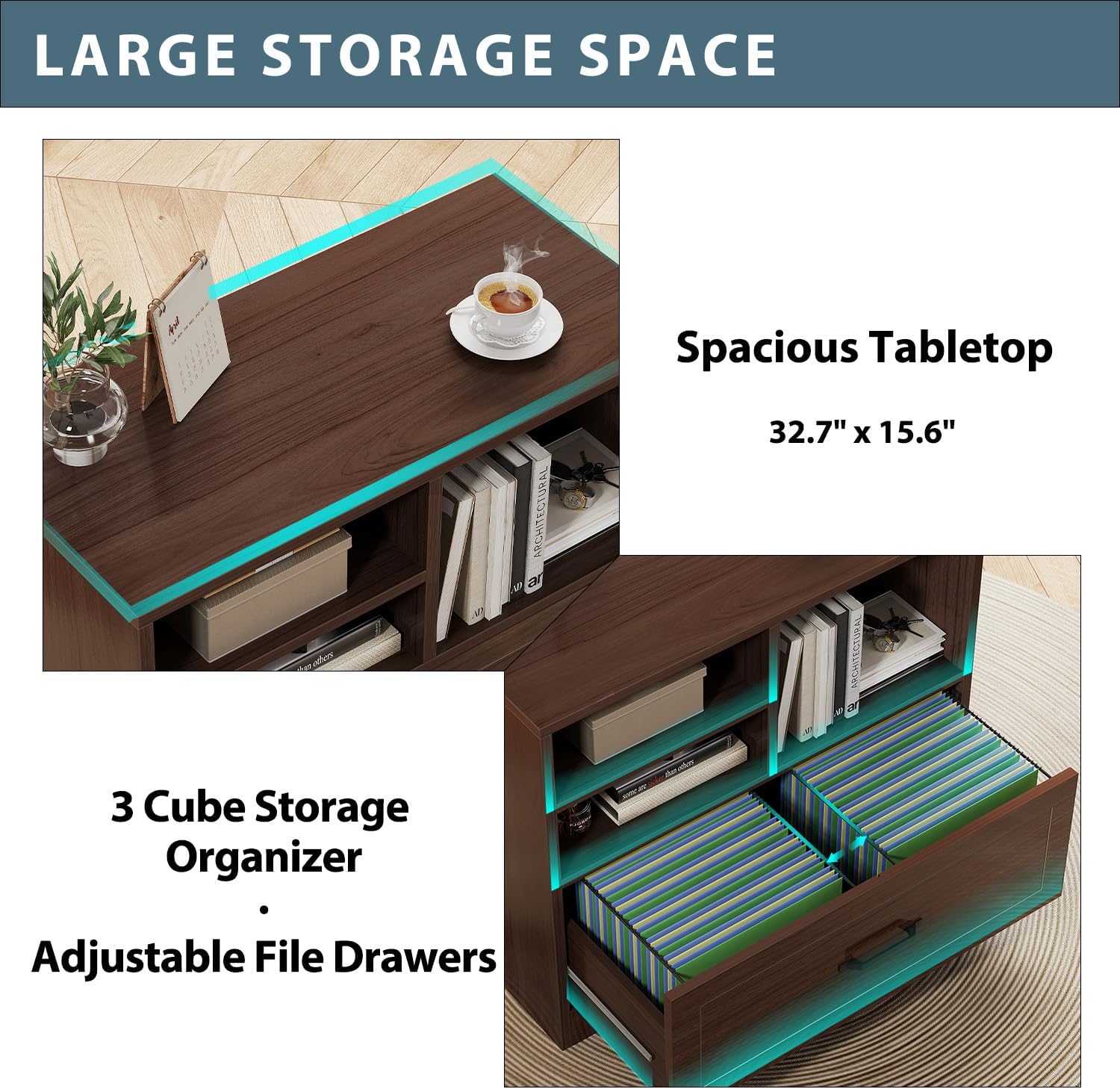 LVB Wood Lateral Filing Cabinet Drawer, Farmhouse File Cabinet Printer Stand with Storage Shelves, Printer Cabinet Fits A4 Letter Legal Size with Hanging File Folder for Home Office, 32.7" Walnut