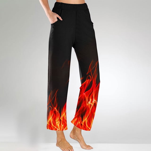 Fankiway Pantalons Raccourcis pour Femmes Impression Flamme Pantalons de Plage d'Été Pantalons Larges Amples Yoga avec Poches Pantalons pour Femmes Liquidation Pantalons Larges pour Femmes