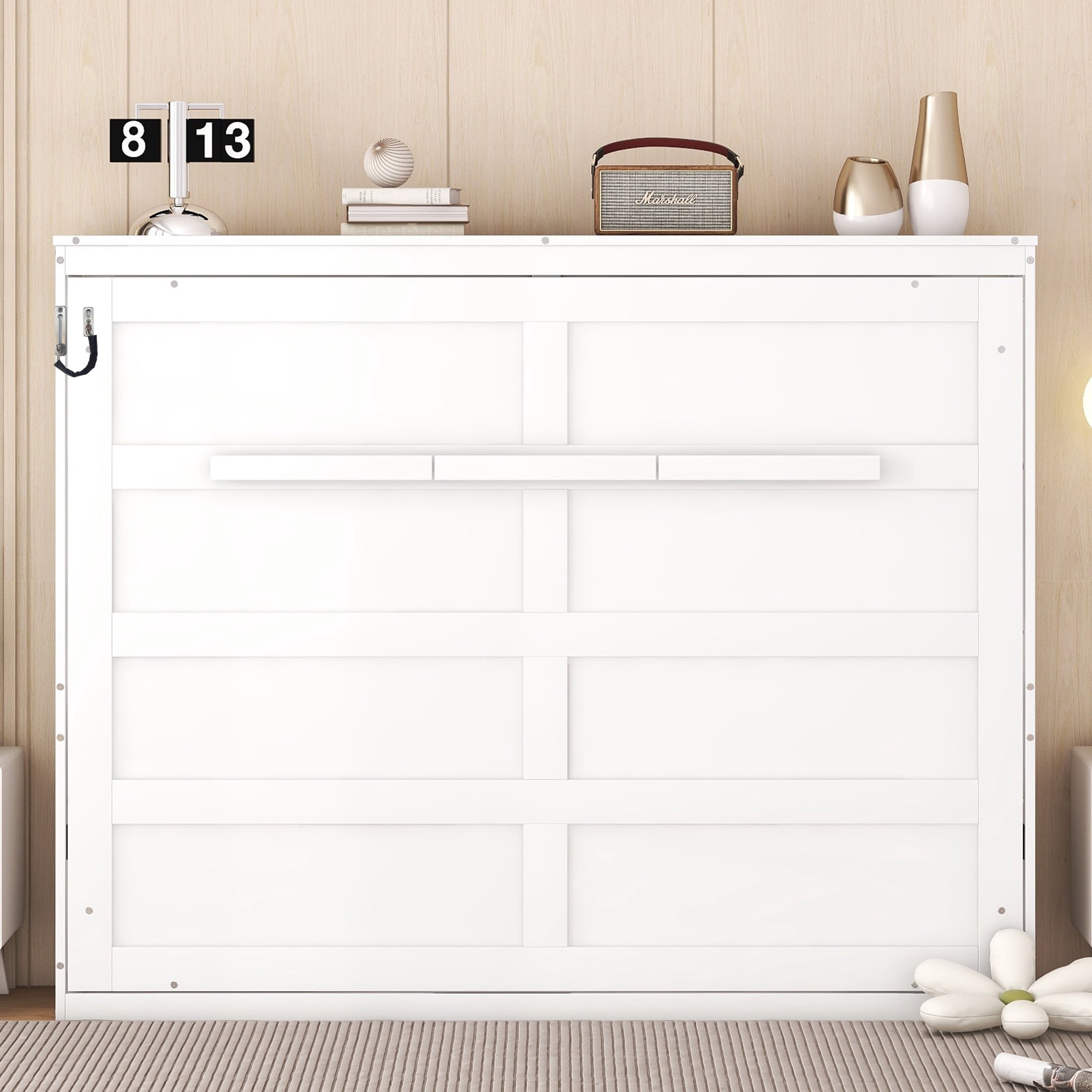 Mintazer Full Size Murphy Bed, Modern Foldable Wall Bed with Storage Shelf for Bedroom Apartment Guest Room, White