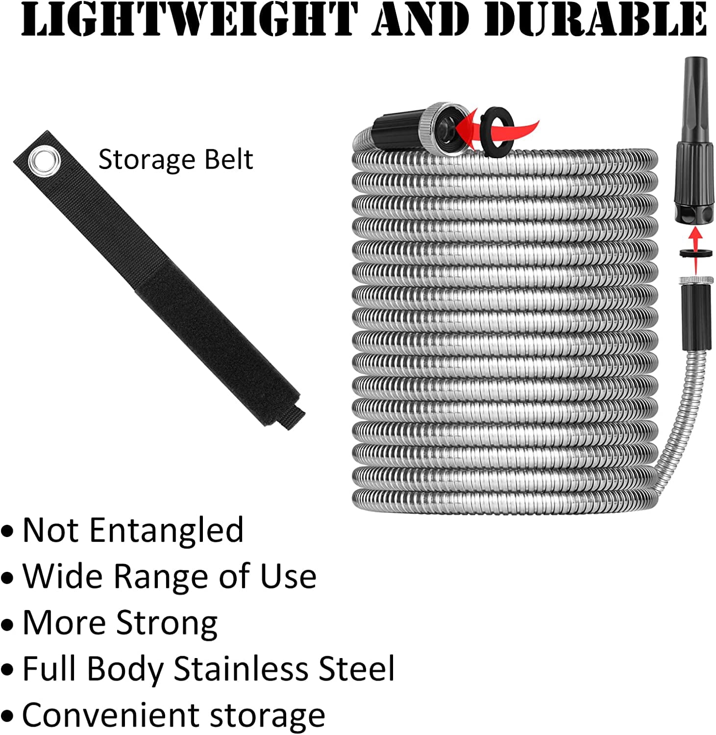 Metal Garden Hose 50ft with Adjustable Nozzle,  Stainless Steel Water Hose, No Kinks & Tangles, Easy to Store with Strap