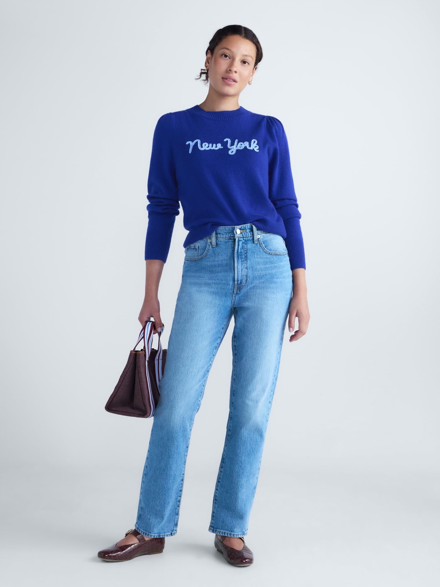 Free Assembly Women's and Plus Cashmere Sweater with Puff Sleeves, Midweight, Sizes XXS-4X