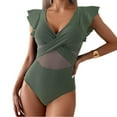 thumbnail image 3 of Womens Tummy Control Swimsuit V Neck Ruched 1Piece Bathing Suits Slim Fit Ruffle Sleeve Swimwear, 3 of 7
