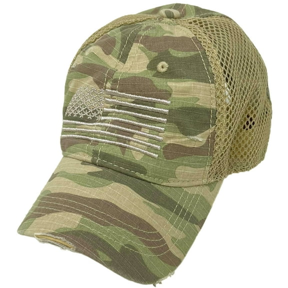 CC Everyday Distressed Trucker Mesh Summer Vented Baseball Sun Cap Hat (American Flag Tonal Beige)
