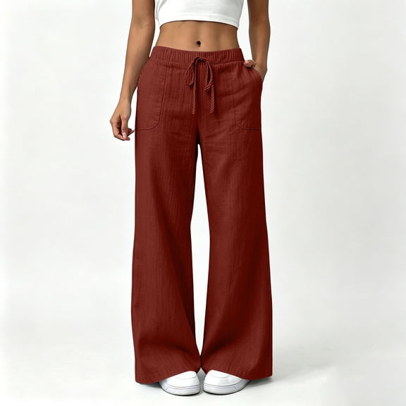 Wovilon Women's Pants, Drawstring Waist Wide Leg with Side Pockets, Cotton Linen Solid Color for Summer