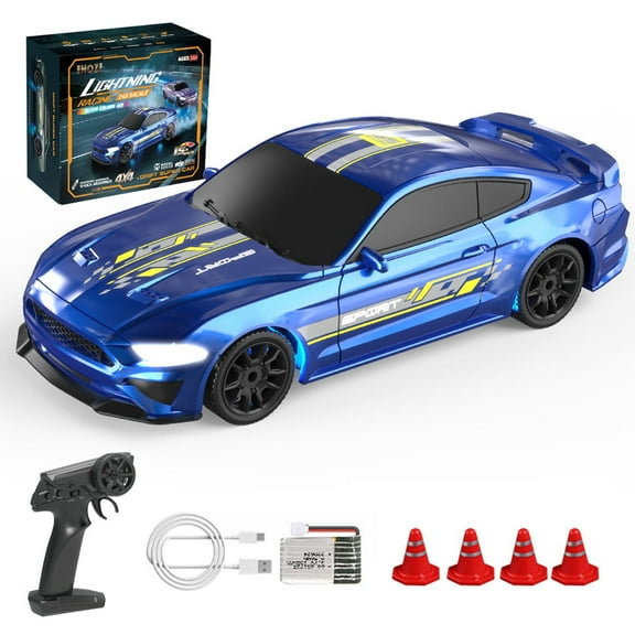 1/43 Scale Mini RC Drift Car for Adults, 2.4G 4WD Full-Proportional Control RC Racing Car with Metal Chassis, LED Light & Barricade Barrels for Hobbyist