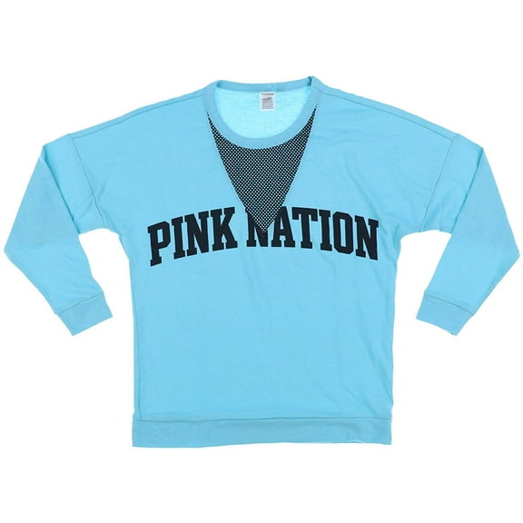 Victoria's Secret Pink Nation Crew Mesh Sweatshirt Fleece Lined Blue Size Small NWT