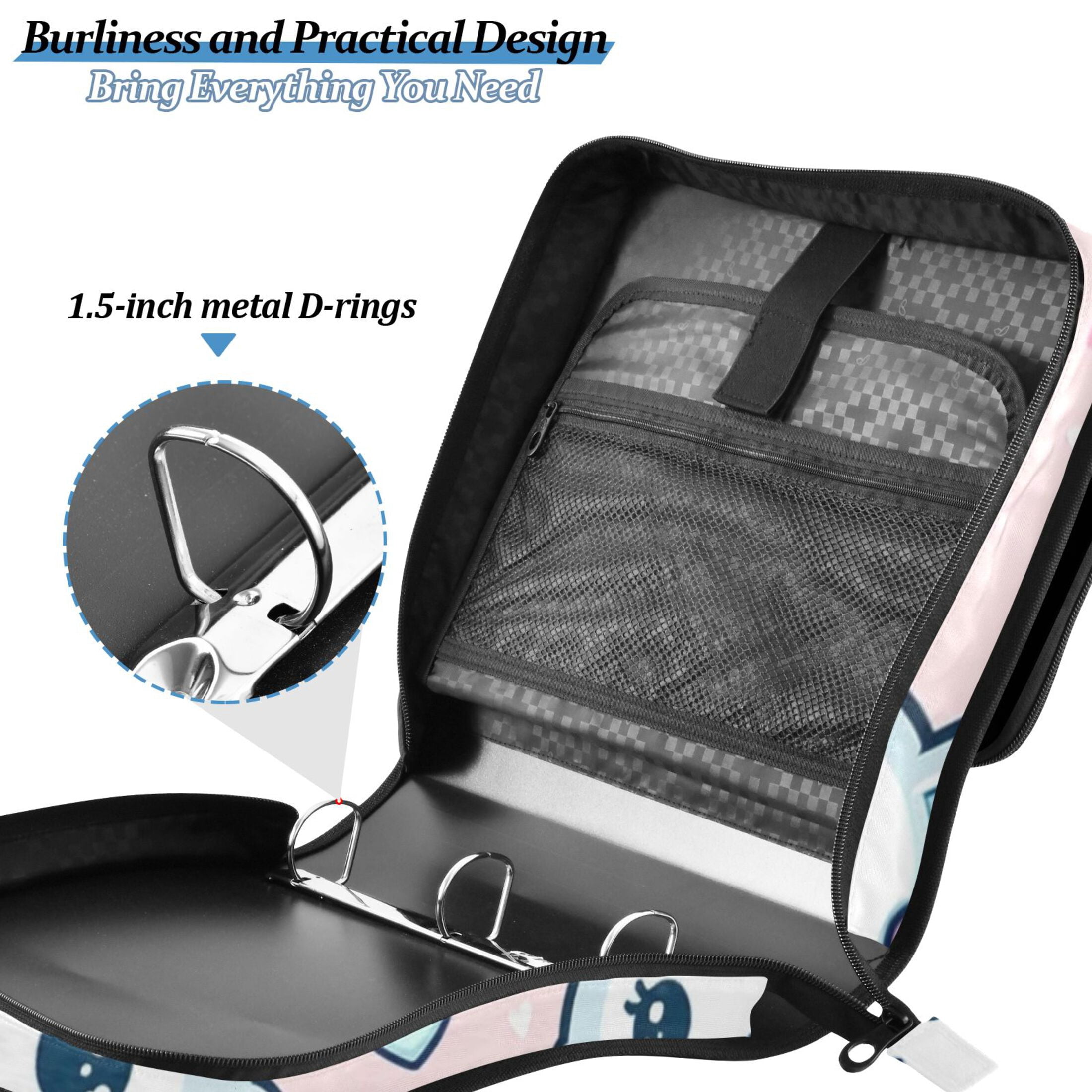3 Ring Zipper Binder with Shoulder Strap Waterproof Trapper Keeper 2 Inch D-Ring 500 Sheets Capacity Cute Rabbit in Cupcake