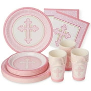 Royal Bluebonnet Pink PriNst Baptism Plates and Napkins - Set Holy Communion Party Supplies, Baptism Decorations for Girls, Easter Paper Plates and Napkins, Religious Confirmation Decorations