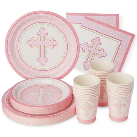Royal Bluebonnet Pink PriNst Baptism Plates and Napkins - Set Holy Communion Party Supplies, Baptism Decorations for Girls, Easter Paper Plates and Napkins, Religious Confirmation Decorations