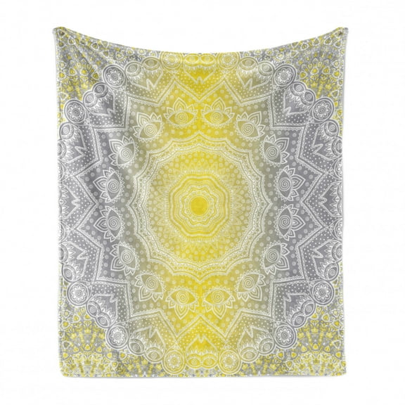 Grey and Yellow Soft Flannel Fleece Throw Blanket, Mandala Ombre Old Boho Pattern with Spiral Round Floral Print, Cozy Plush for Indoor and Outdoor Use, 60" x 80", Yellow Grey, by Ambesonne