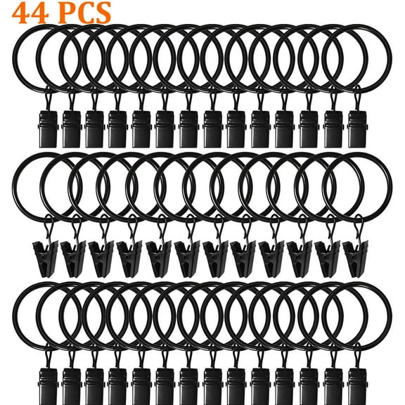 44 Pack Curtain Rings with Clips,Curtain Hooks,Drapery Clips with Rings, Drapes Rings 1.26 in Interior Diameter, Fits up to 1 in Curtain Rod, Black
