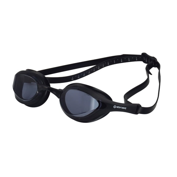 New Wave Swim Goggles {Nightfall = Smoke Lens in Black Frame} Anti Fog Lenses, Silicone In-Socket Eye Cups, Four Interchangeable Nose Bridges and Adjustable Strap for Water-Tight Seal for Triathlon &