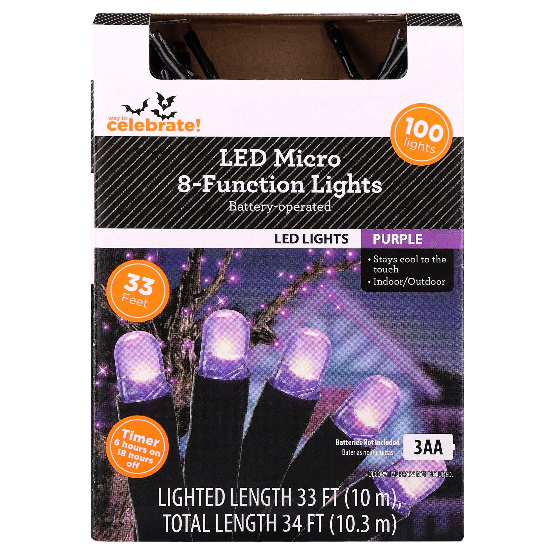 Indoor/Outdoor 100-Count Battery-Operated LED 8-Function Micro String Lights, Purple, 32', Halloween by Way To Celebrate