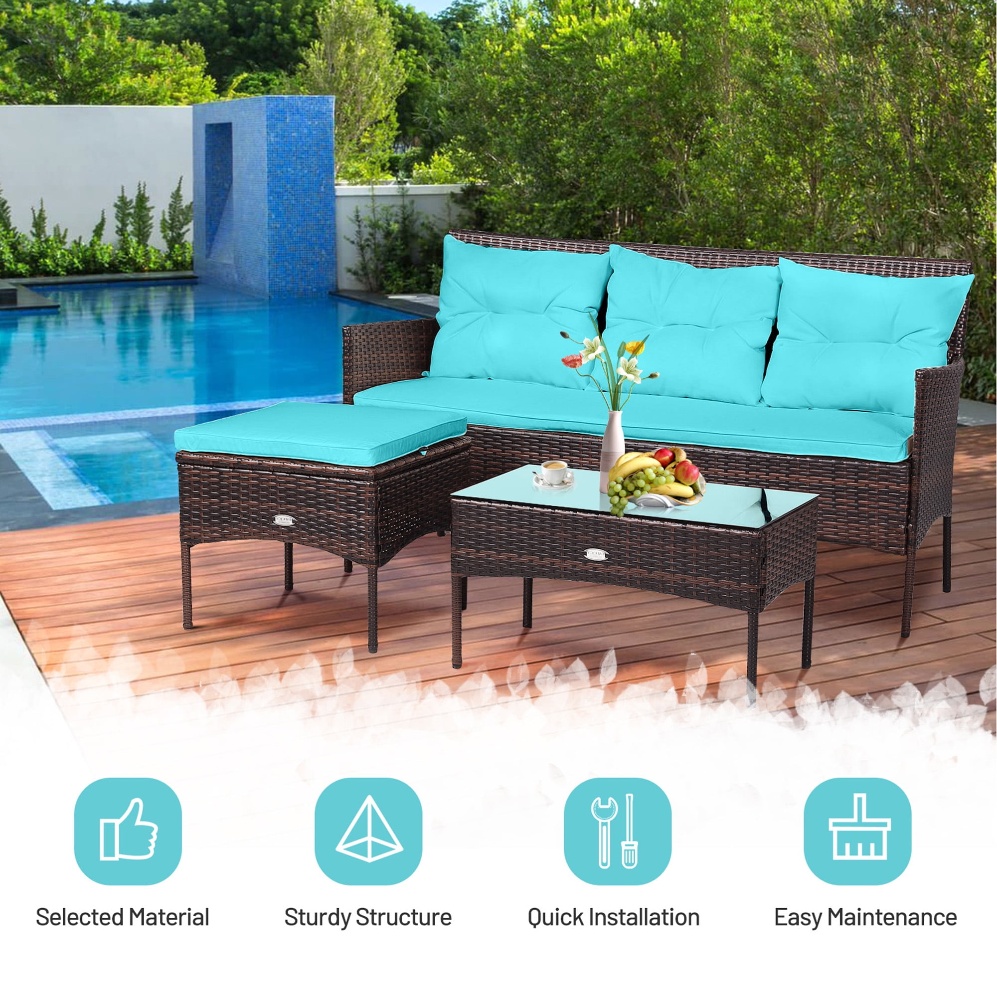 Gymax 3PCS Patio Rattan Sectional Conversation Furniture Set w/ Turqouise Cushions