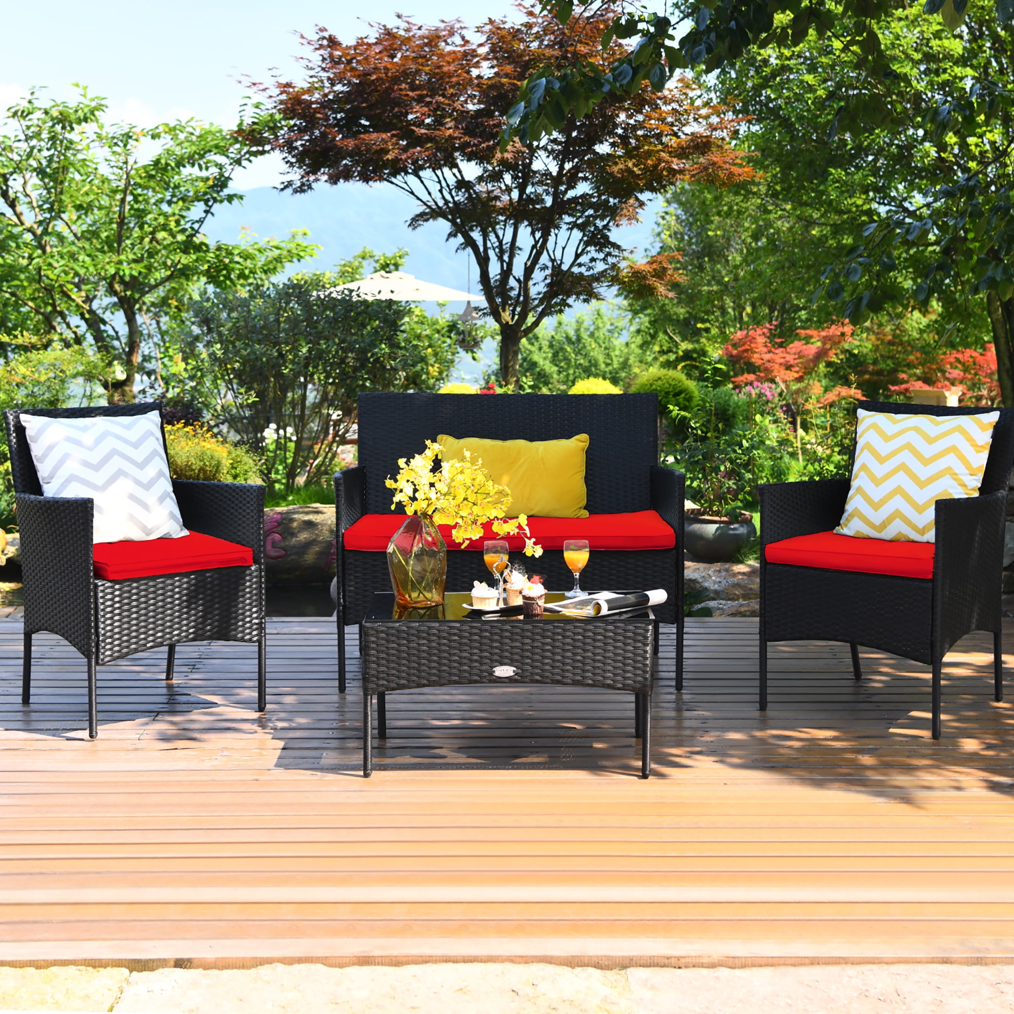 4 PCS Outdoor Patio Rattan Furniture Set Table Shelf Sofa W/ Black Cushions NEW 