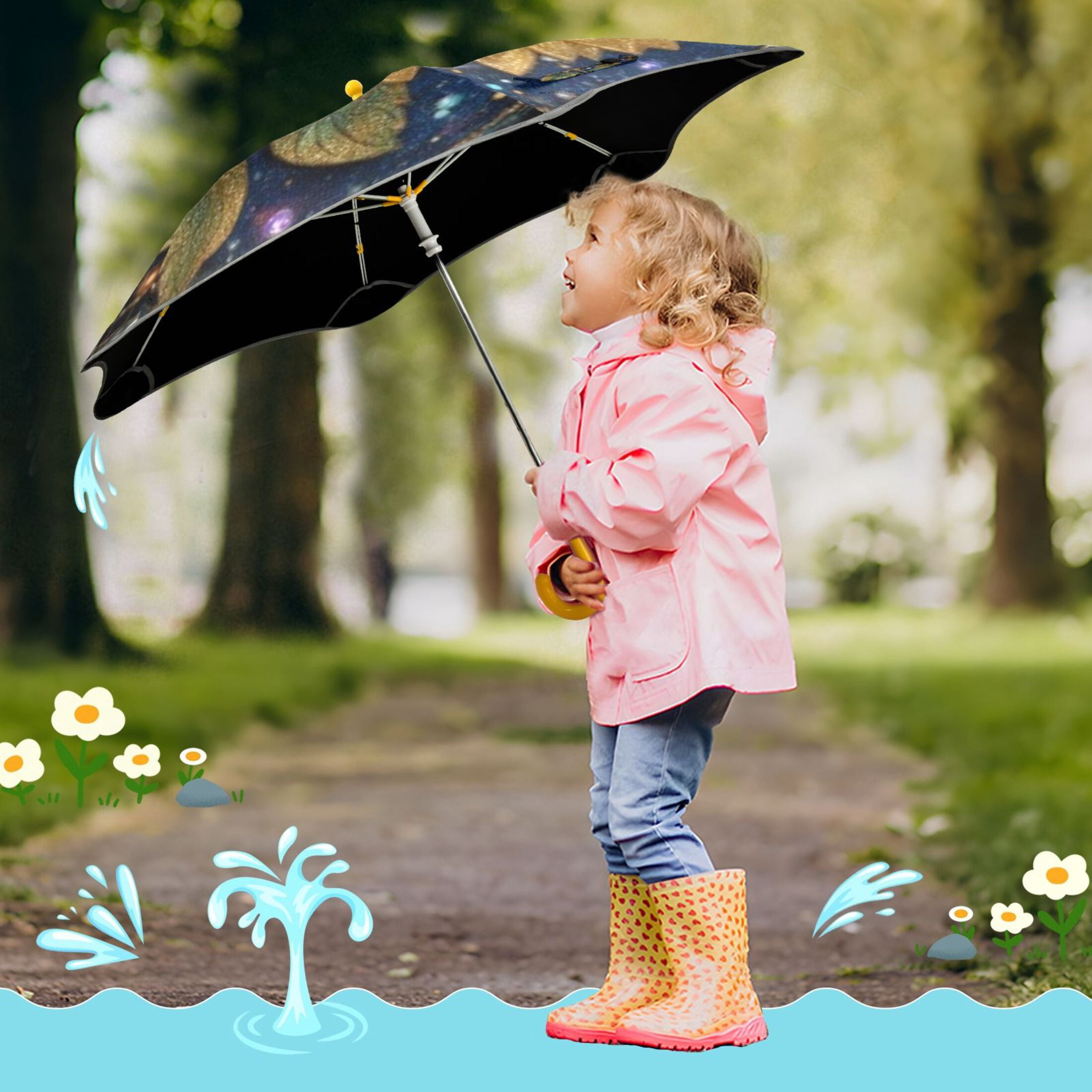 BZSMCE Folding Umbrellas Rain & UV Protection Windproof In Celestial Gilded Sunflower Pattern