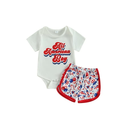 

Independence Day Infant Boy Set Letter Print Short Sleeve Romper Star Stripe Glasses Print Shorts
