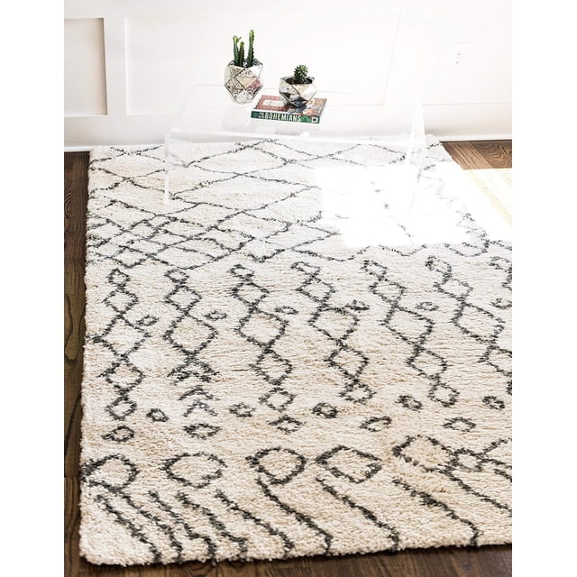 Unique Loom Rabat Shag Collection Modern Tribal Moroccan Inspired Plush & Soft Nomad Design Area Rug, 8 ft x 10 ft, Ivory/Gray