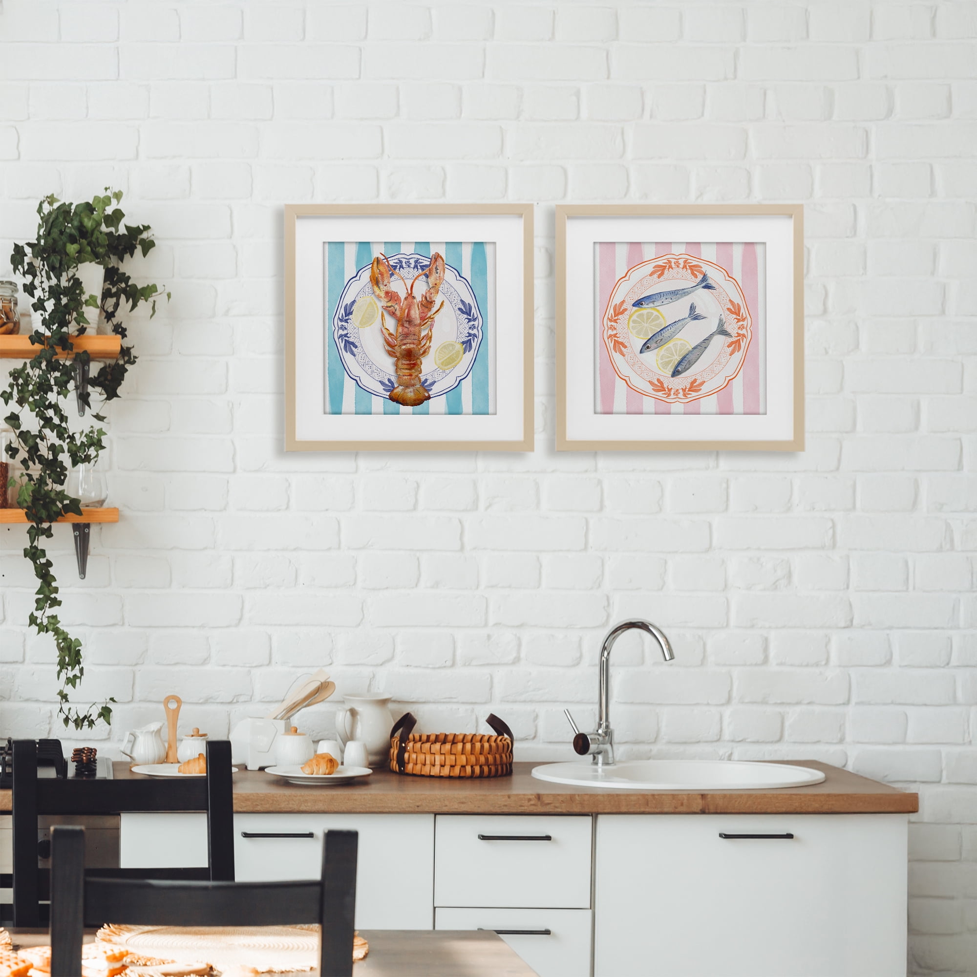Stupell Industries Lobster & Sardines Plates 2 Piece Birch Framed Print Under Glass Set, design by Christie Adams