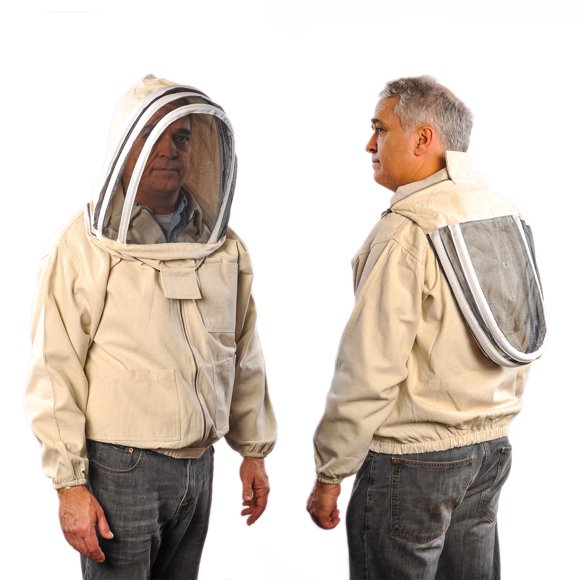 Veste d'Abeille avec Voile - Veste de Costume en Toile Naturelle avec Taille Élastique et Poignets, Fermetures Éclair en Laiton YKK, 3 Poches Utilitaires. Capuche Amovible Interchangeable avec Costume d'Apiculture Forestière. (2TG)
