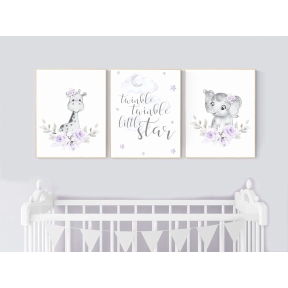 UNFFRAMED Luvia Set of 3 Purple Floral Jungle Animal Nursery Poster Set Giraffe Elephant Lavender Lilac Prints for Baby Girl Room Decor Set 3 Prints 8x12
