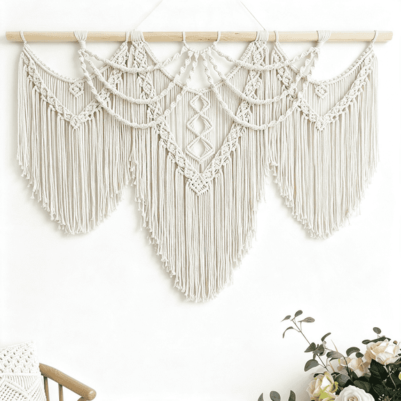 RLESO Macrame Wall Hanging Large- Boho Wall Decor- Large Wall Art- Wall Decor Living Room- Macrame Wall Hanging Macrame Tapestry Boho Decor for Bedroom(Beige-Fringe)