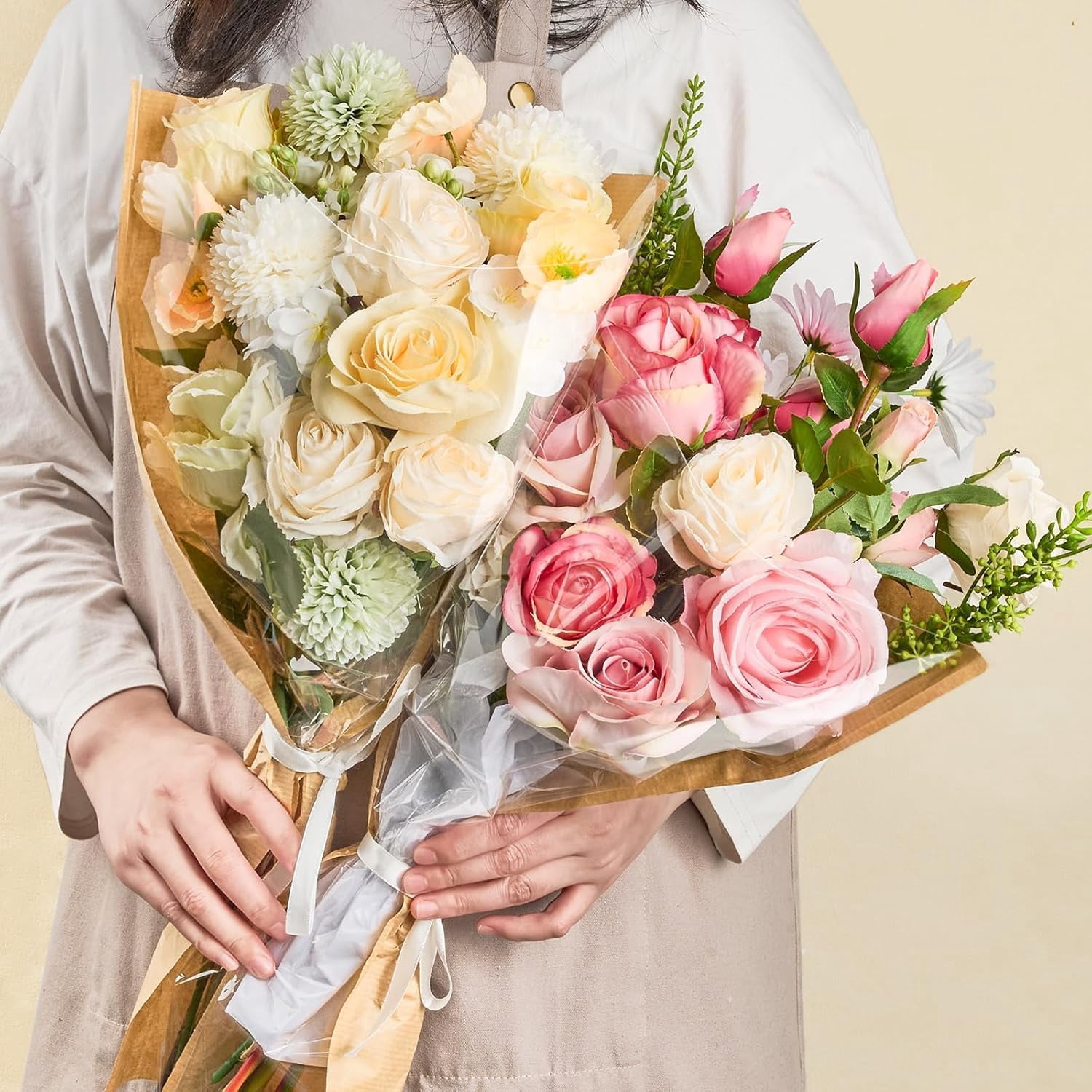 ANHXN Flower Bags for Bouquets, Flower Wrapping Paper Kraft Floral Wrap Sleeves with Ribbons for Mother's Day Florist Supplies Wedding