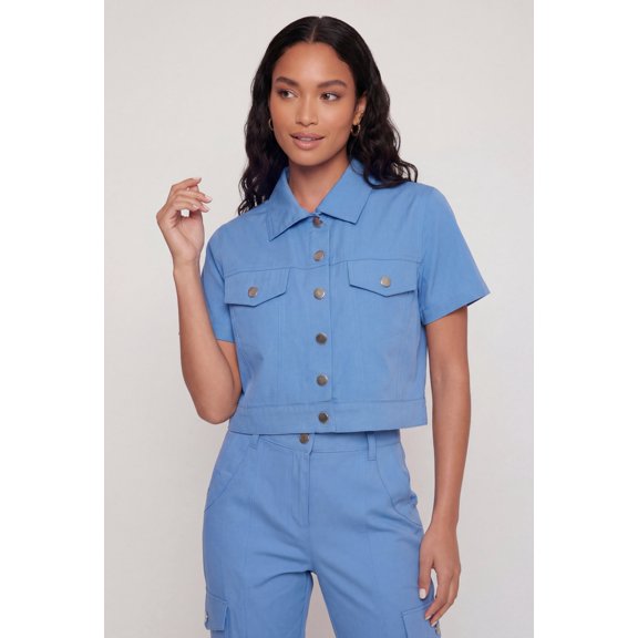 Women's Nylon Short Sleeve Cropped Button Front Shirt