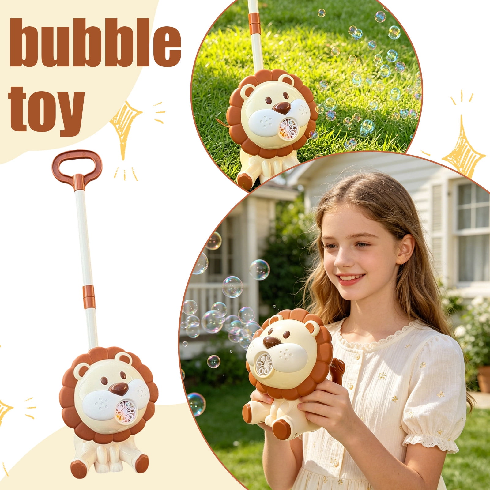 Lion Bubble Blowing Machine Push Cart, USB Rechargeable Automatic Bubble Blower with 100ml Bubble Solution, Handheld Outdoor Bubble Maker for Party Garden Lawn Activities (Brown)