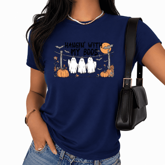 Cozymy Hangin' With My Boos Cute Ghost Halloween Graphic Tee for Women Vintage Inspired Short Sleeve Crew Neck