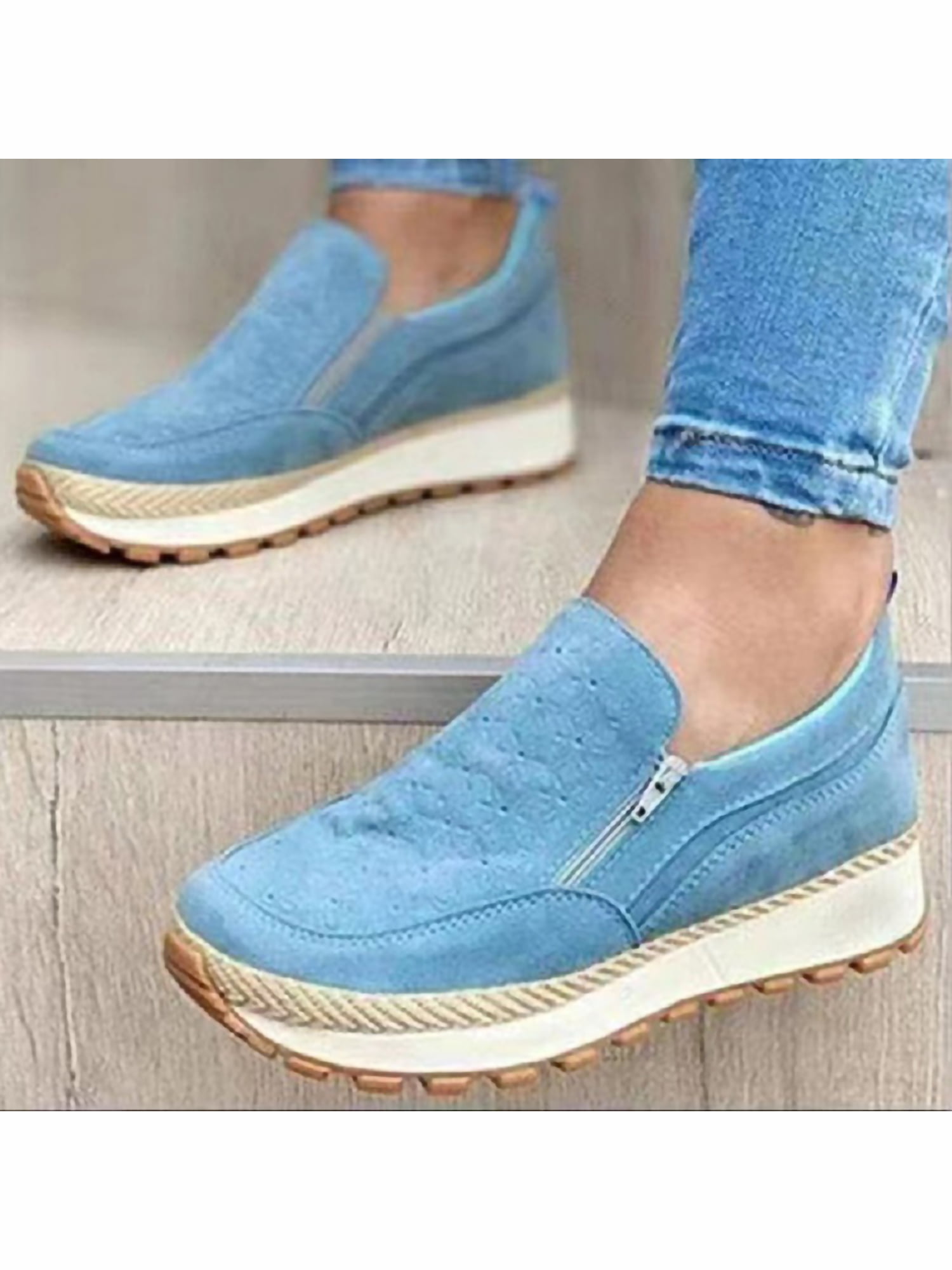 Women Hidden Wedge Cow Leather Round Toe Fashion Sneakers Slip On Loafers Casual 