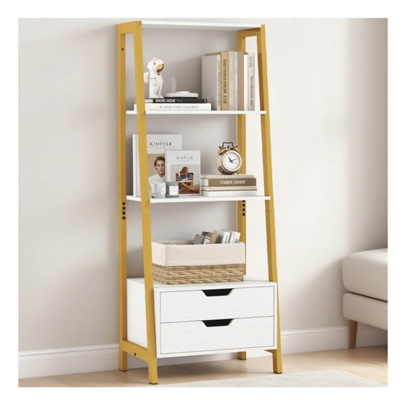 4-Tier Ladder Shelf with 2 Drawers 52.5 Inch Tall Freestanding Bookcase