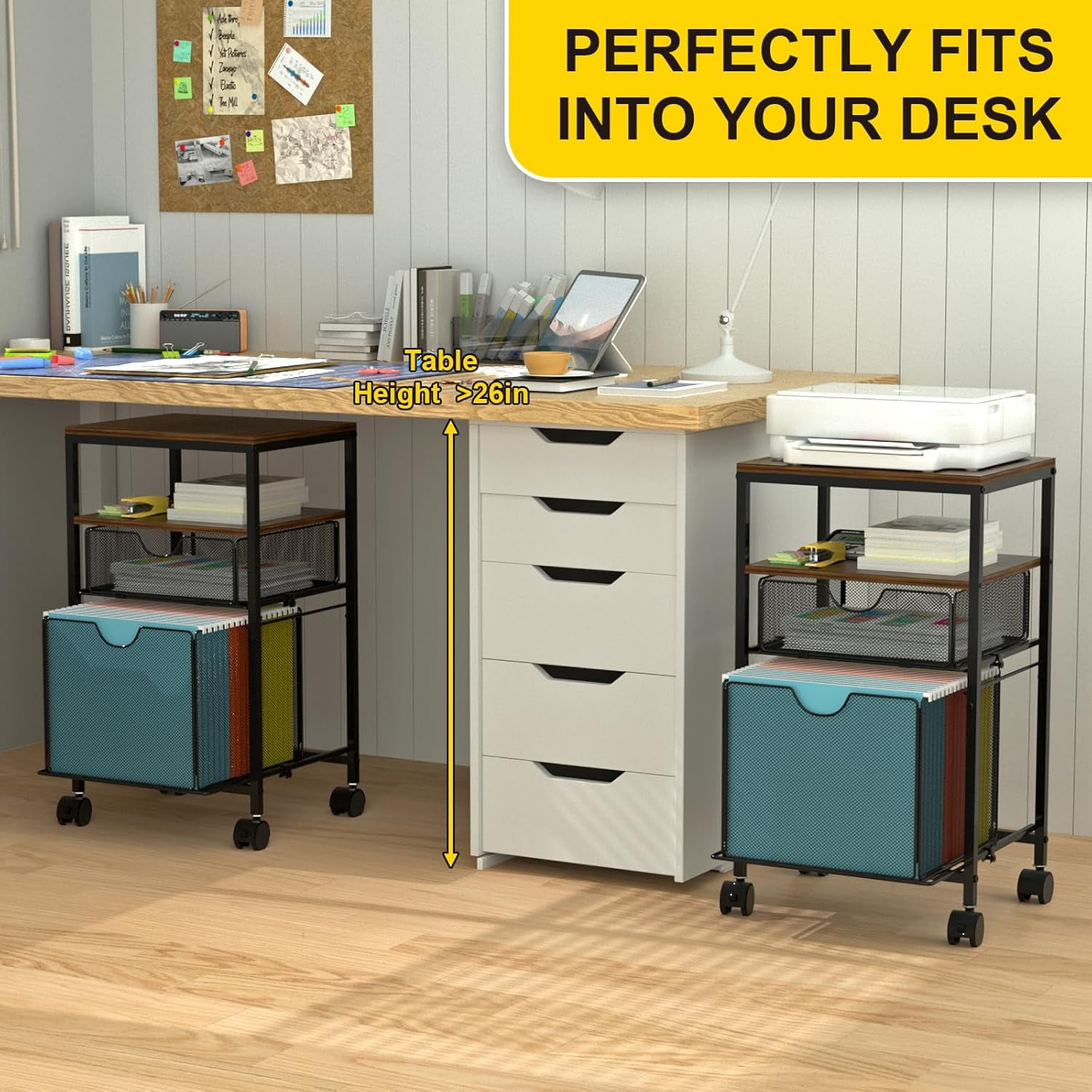 Rolling File Cart with 2 Storage Drawers, Wood & Mesh Hanging File Folder Organizer with Wheels Under Desk, File Cabinets for Home Office, 14.7" L x 11.8" D x 25.3" H