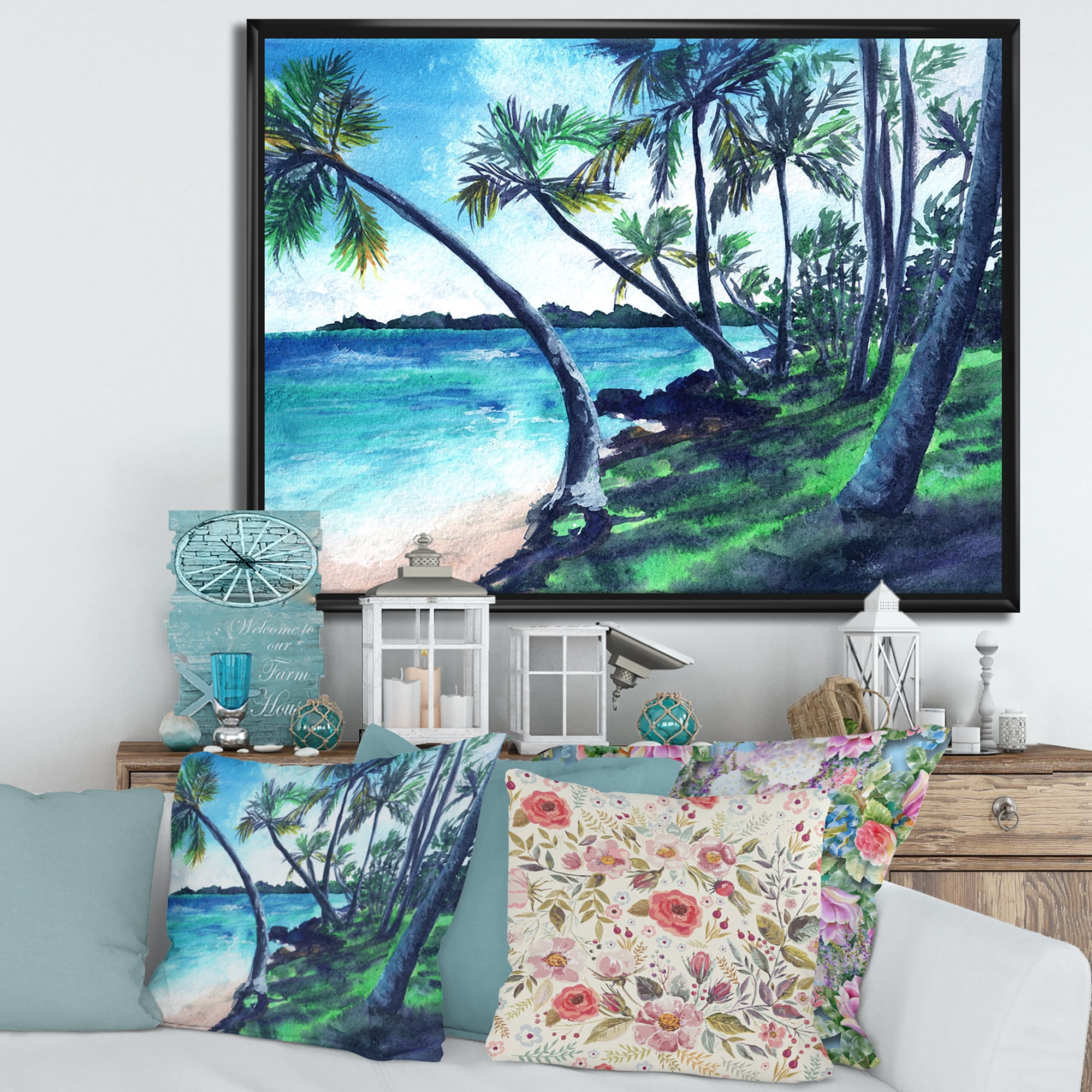 Designart 'Tropical Beach In Summer Paradise With Palm Trees' Nautical & Coastal Framed Canvas Wall Art Print