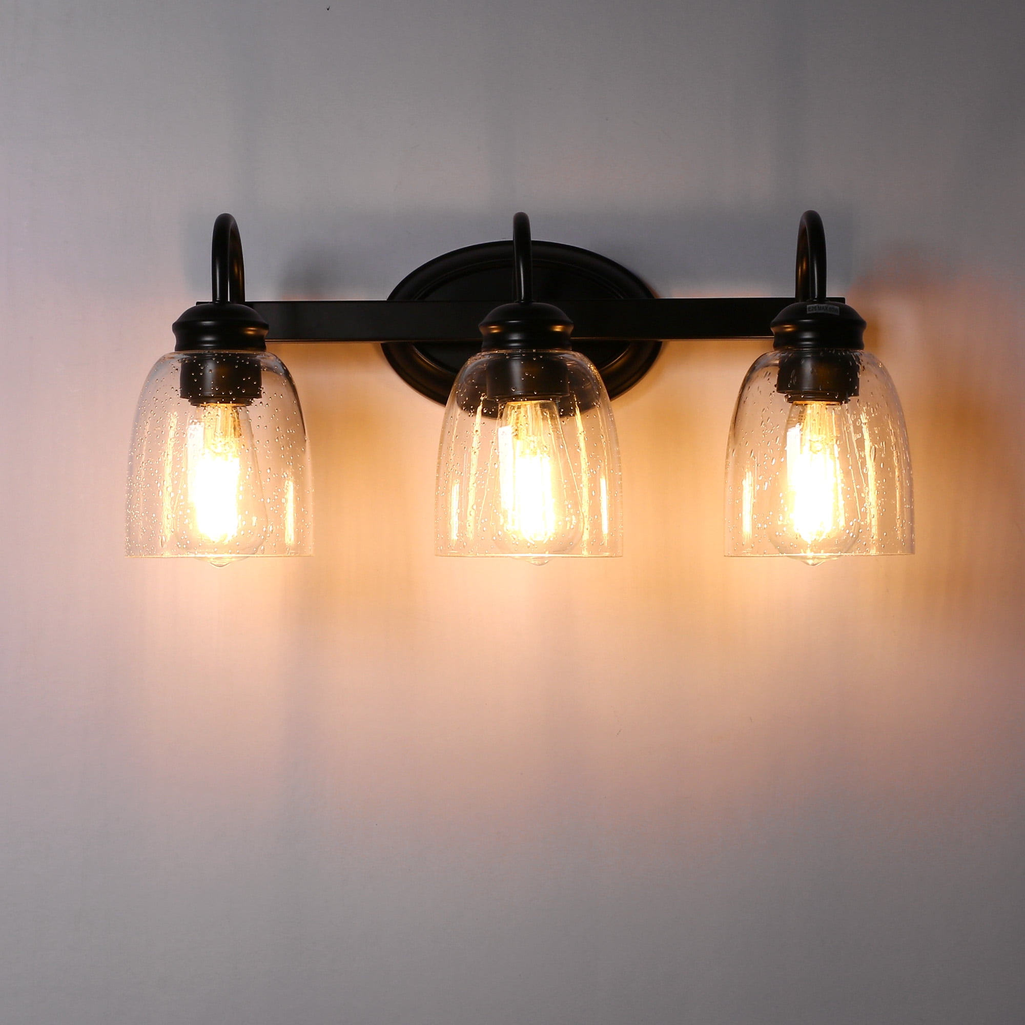 Briignite 3 Light Bathroom Vanity Light Fixtures, Modern Black Vanity Lights Over Mirror, Vintage Wall Sconce with Seeded Glass Shade, Black Vanity Lights for Bathroom