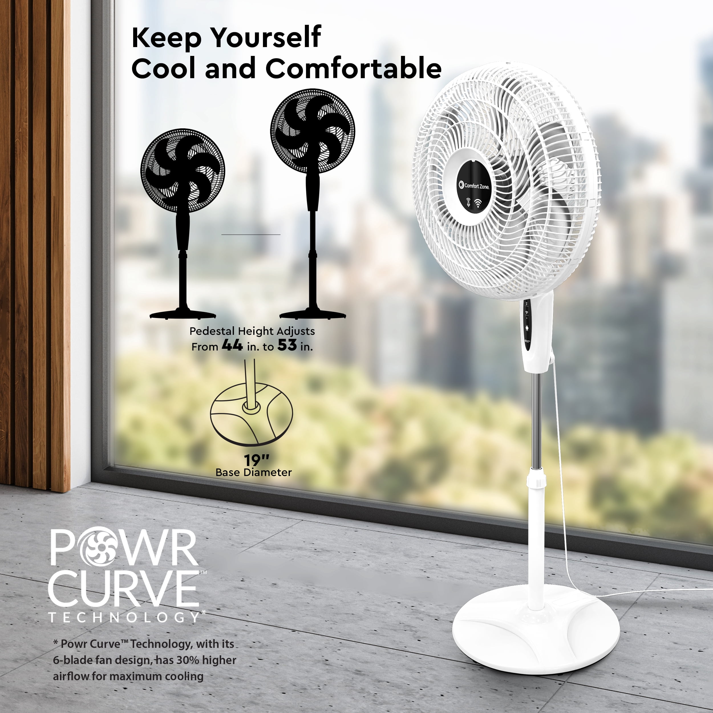 Comfort Zone 18" Smart Wi-Fi Oscillating Stand Fan, White