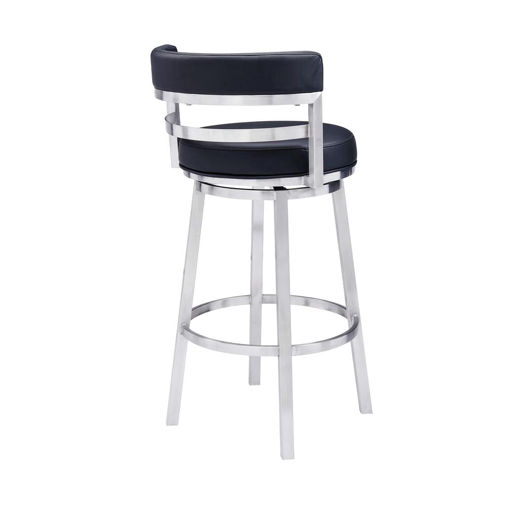 Madrid Bar Stool 30" Seat Height Swivel with Brushed Stainless Steel and Black Faux Leather