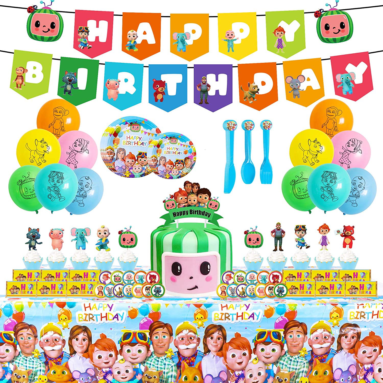Cocomelon Birthday Party Supplies 125 Pcs Birthday Party Decorations Include Happy Birthday Banner Table Cover Toppers Tableware Balloons Walmart Com Walmart Com
