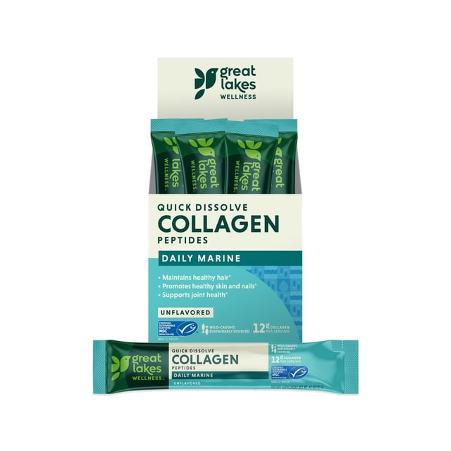 Great Lakes Wellness Sustainable Marine Collagen Peptides Powder for Skin, Hair, Nails, Joints & Digestion - Unflavored - Hydrolyzed, Wild Caught, MSC Certified, Non-GMO, Kosher - 20 Sticks