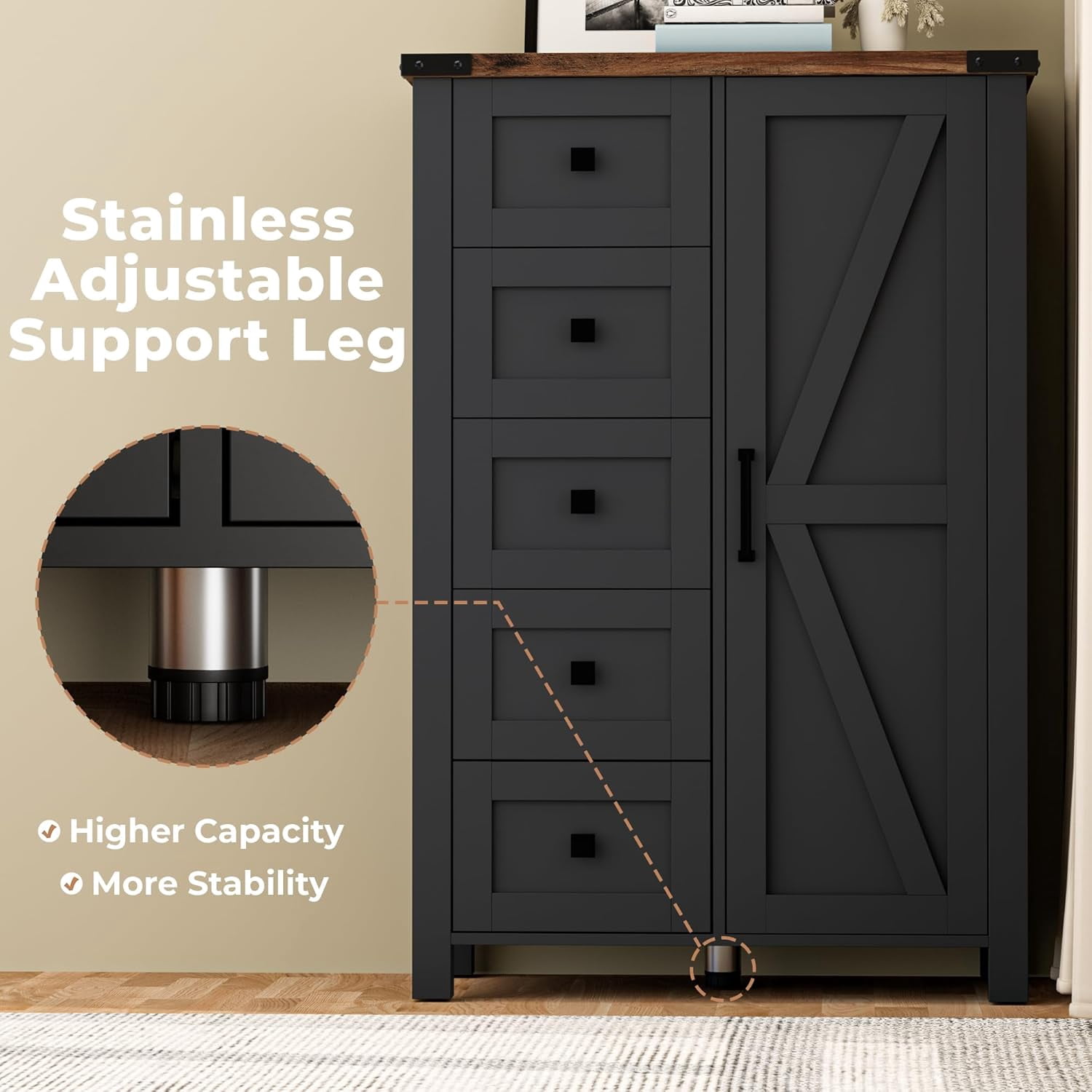 VVFLU Farmhouse 5 Drawer Dresser Storage Cabinet Chest of Drawer for Bedroom, 48" Tall Black Wood