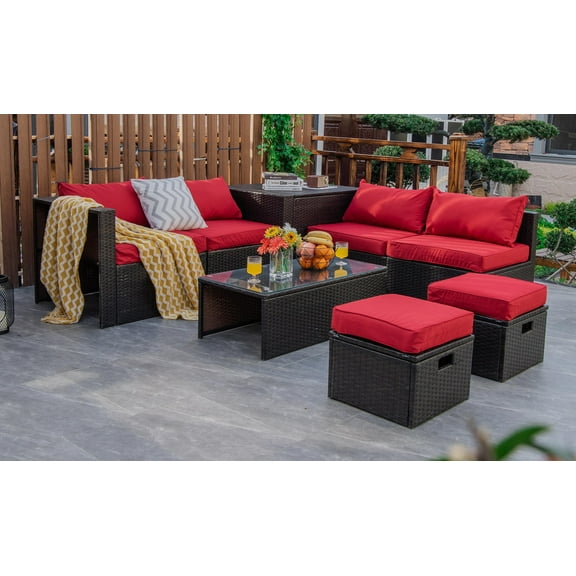 Costway 8PCS Patio Rattan Furniture Set  Space-Saving Storage Cushion Red cover