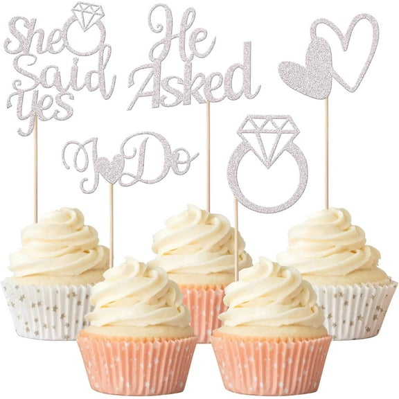 10pcs He Asked She Said Yes Cupcake Toppers Glitter Heart Ring I do Bridal Shower Cupcake Picks for Wedding Engagement Theme Party Supplies Cake Decorations Silver