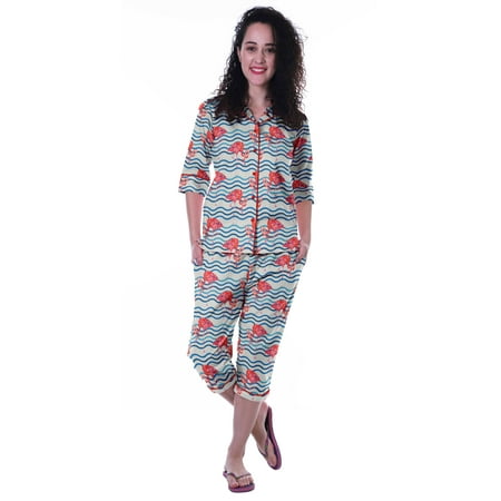 

Moomaya Printed Cotton 3/4 Sleeve Shirt With Capri 2 Piece Nightwear Set Sleepwear For Womens