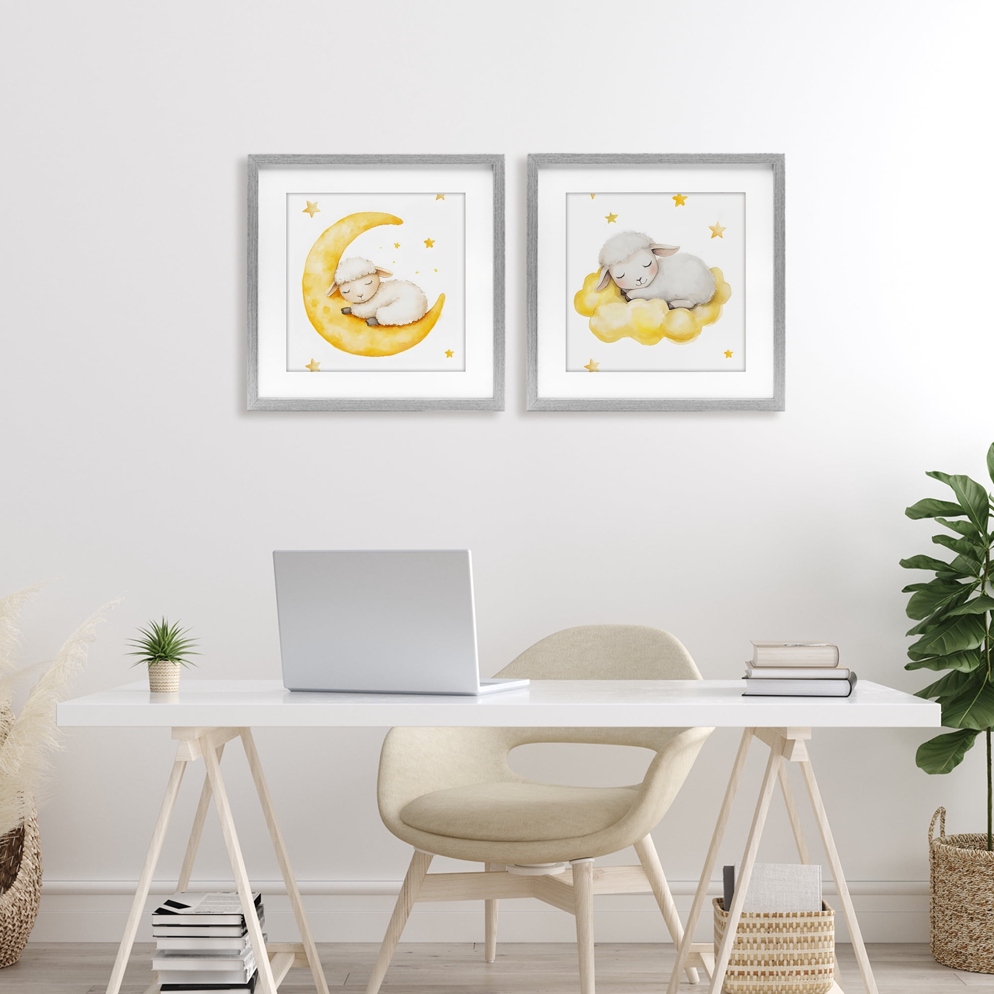 Stupell Industries Sleeping Sheep Cloud and Moon 2 Piece Gray Framed Print Under Glass Set, design by LSR Design Studio