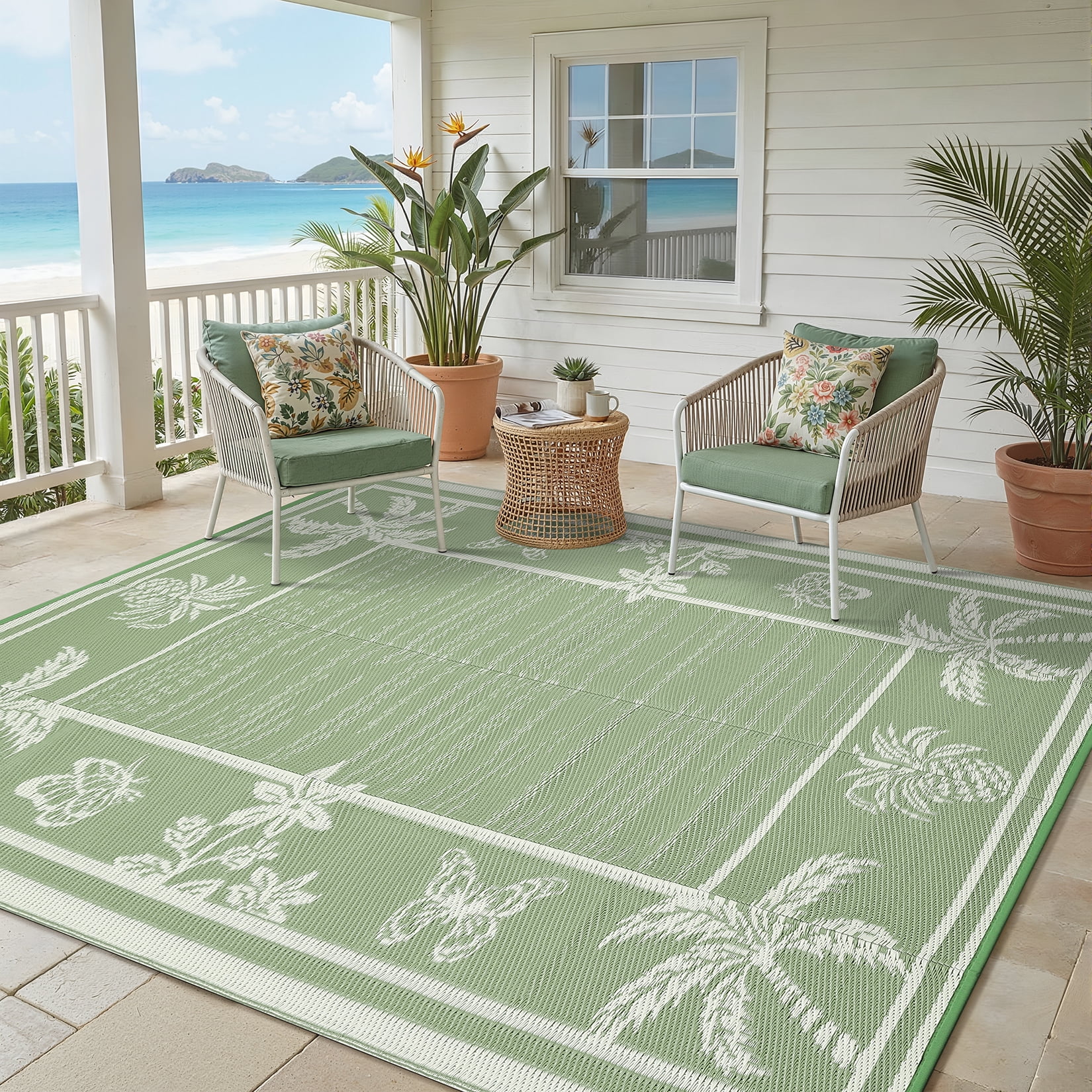 Garvee Outdoor Rug 9x12ft Waterproof Reversible Foldable Plastic Straw Rug, Tropical Leaf Border Outdoor Mat for Patio, Camping, RV, Deck, Porch, Balcony, Black Blue