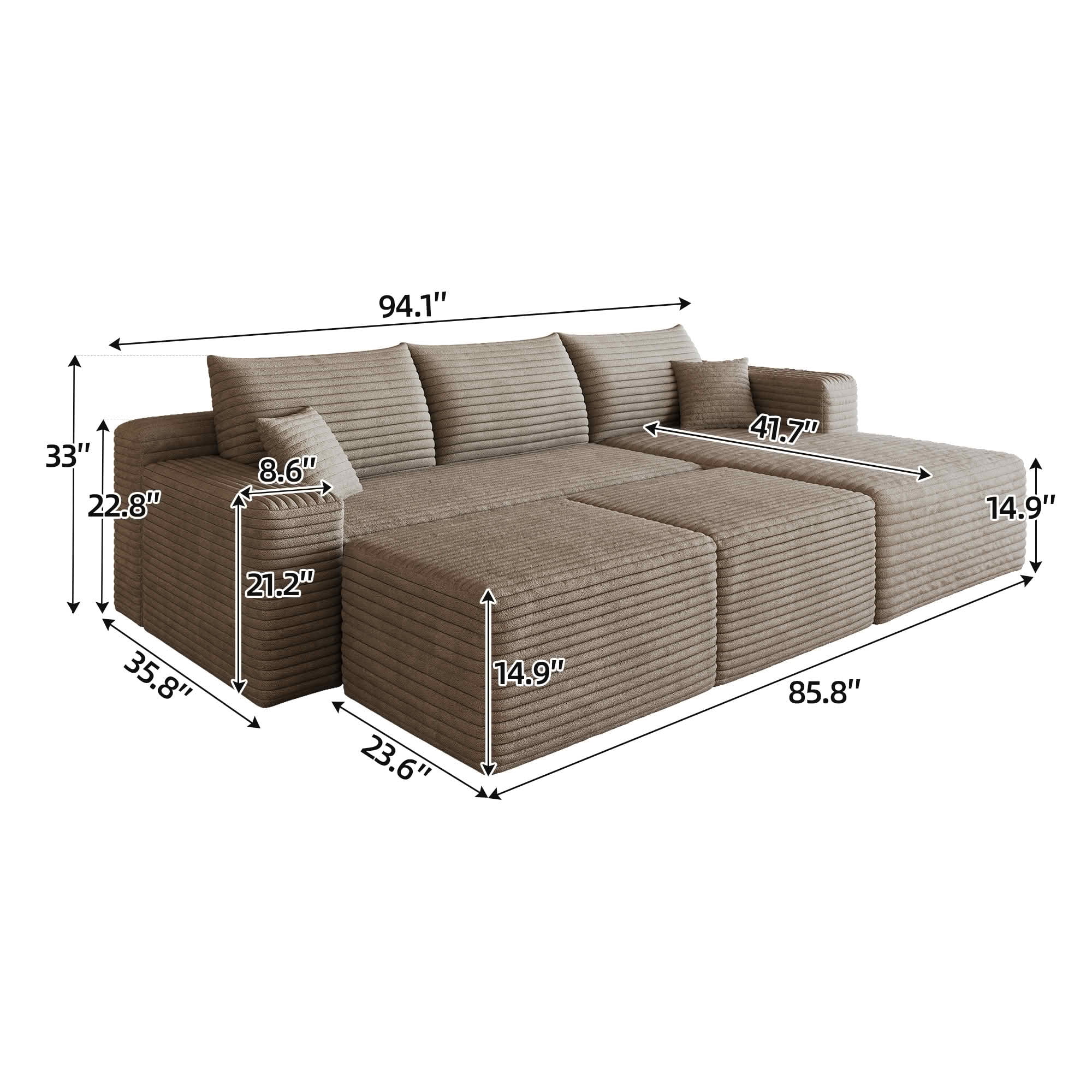 MAYEERTY 95" Cloud Sectional Sofa with 2 Ottomans, U-Shaped Corduroy Deep Seat Couch, No Assembly for Living Room, Brown