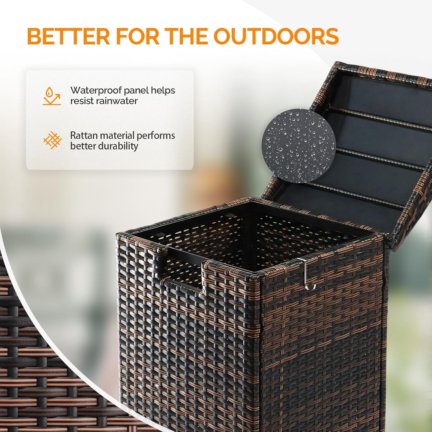 VINGLI Outdoor Trash Can, 33 Gallon Trash Can with Convenient Lid, Rattan Garbage Container with Side Hook, Weatherproof Patio Trash Can for Graden, Yard, Patio, Brown