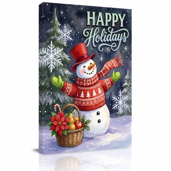 Canvas Wall Art, Christmas Snowman Framed Canvas Prints for Bedroom Bathroom, Winter Xmas Tree Snowflake Poinsettia Gallery Wrapped Wall Decor for Home Office, Gifts, 11"x14" Ship Next Day
